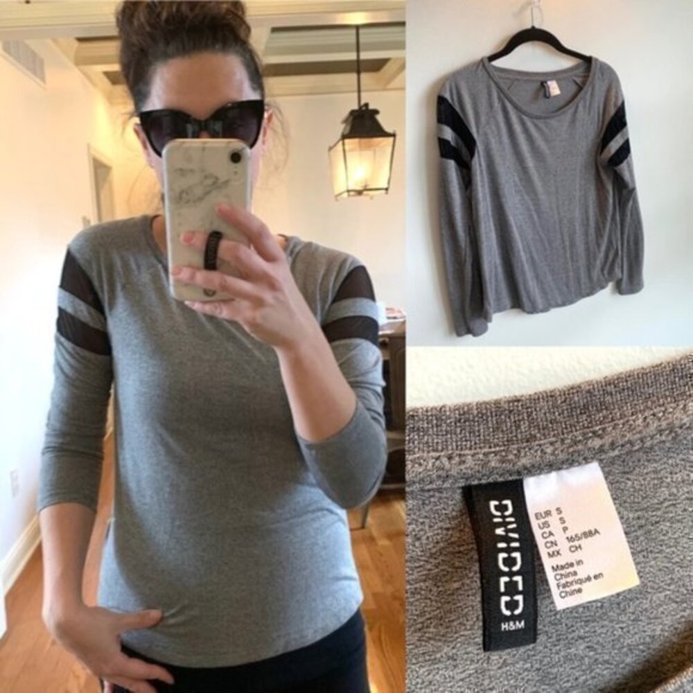 H&M Grey Mesh Sleeve Long Sleeve T-Shirt in Size Small